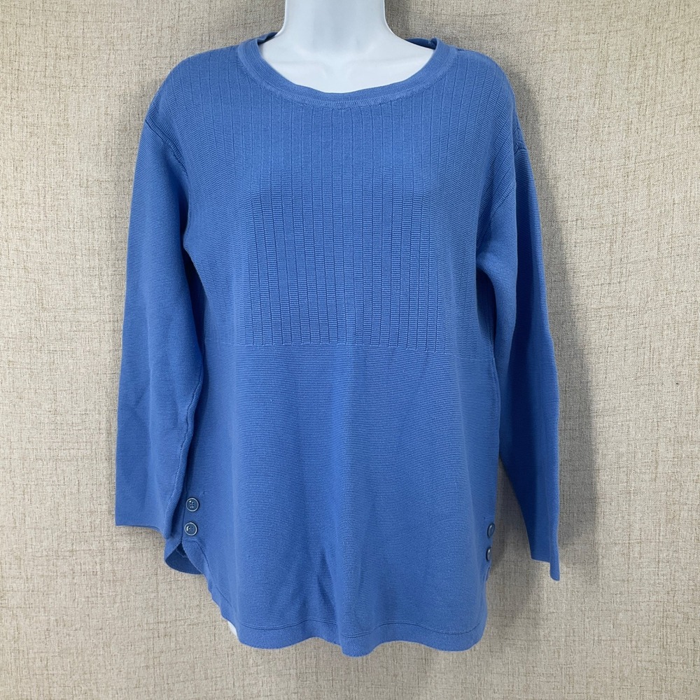 Talbots Sweater Womens M Blue Cotton Stitch Side Button Classic Preppy Coastal
